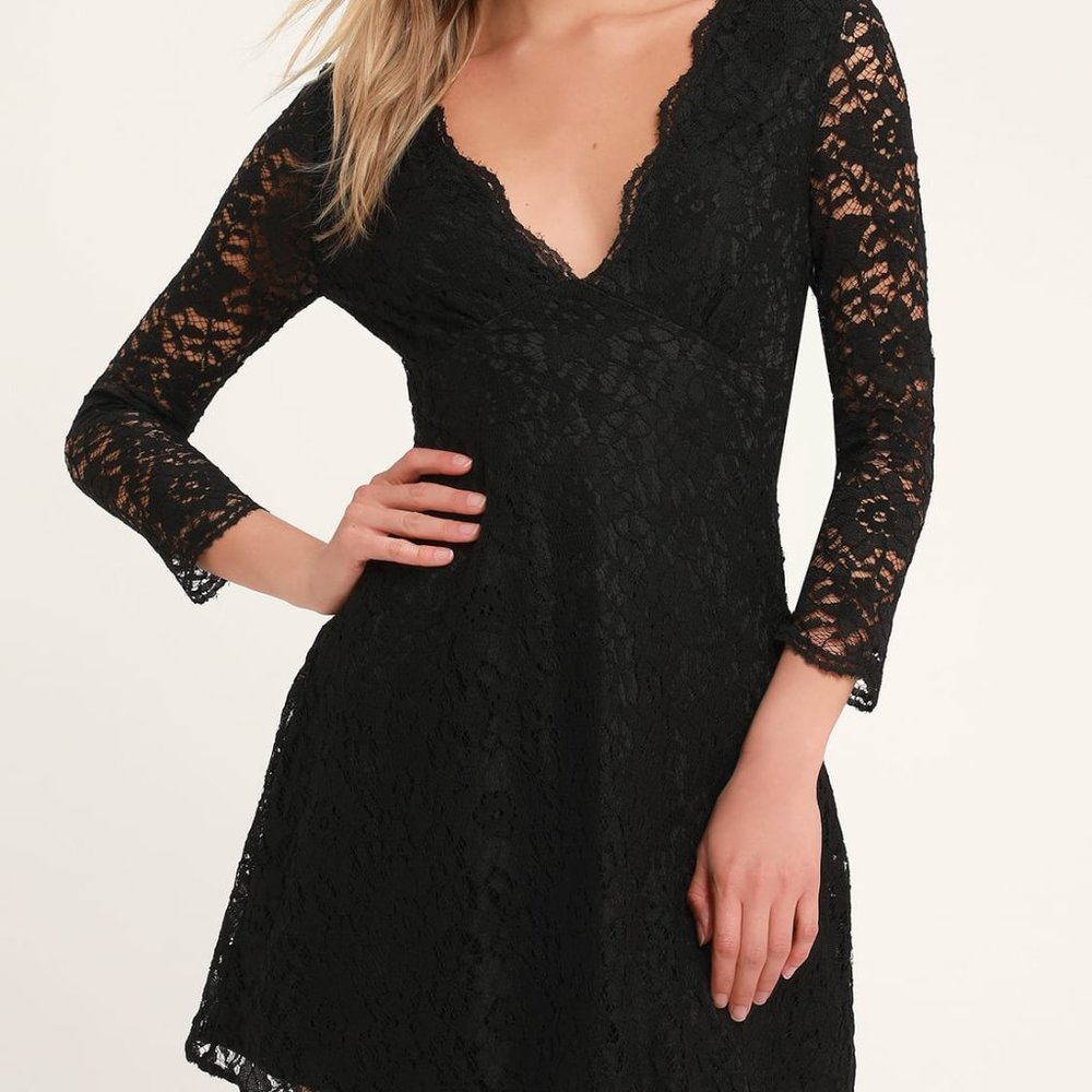 Lulu's Goth Black V-Neck Lace Dress Sz M